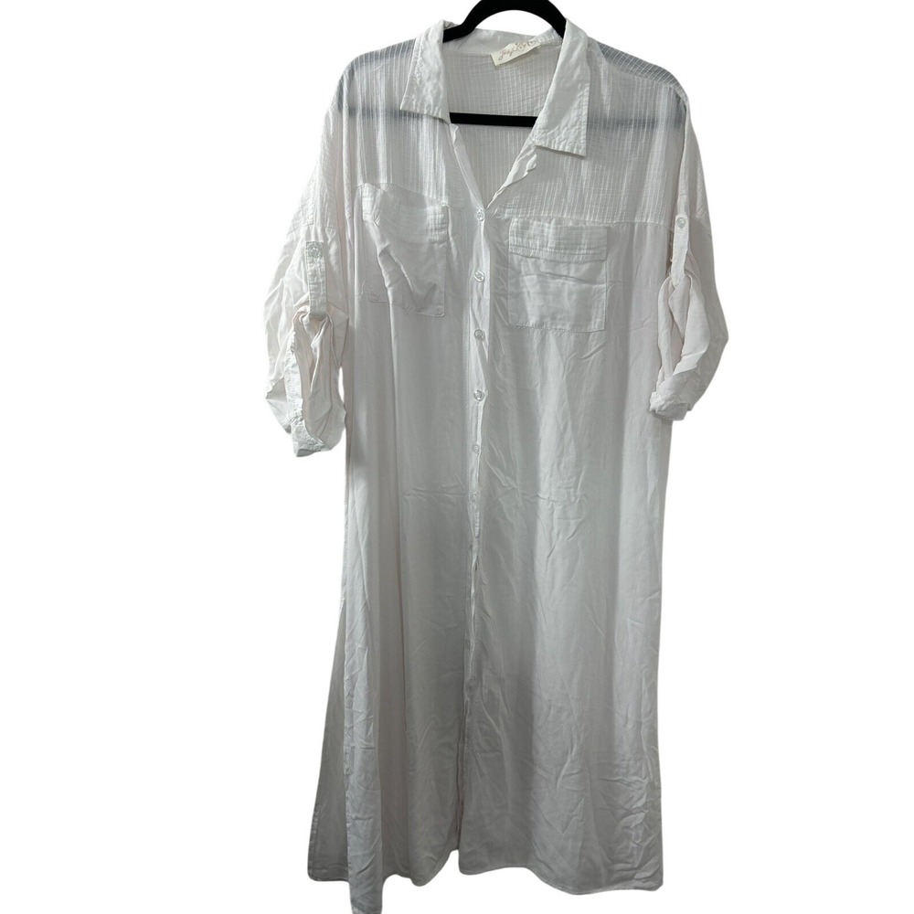 JadyK Gauze Shirt Dress OS White Roll Tab Sleeve Side Slit Coastal Boho Midi